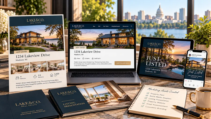 A complete branded listing package created in BrokerBot for 1234 Lakeview Drive, Madison: property flyer, property website, listing presentation, social media graphics and email announcement