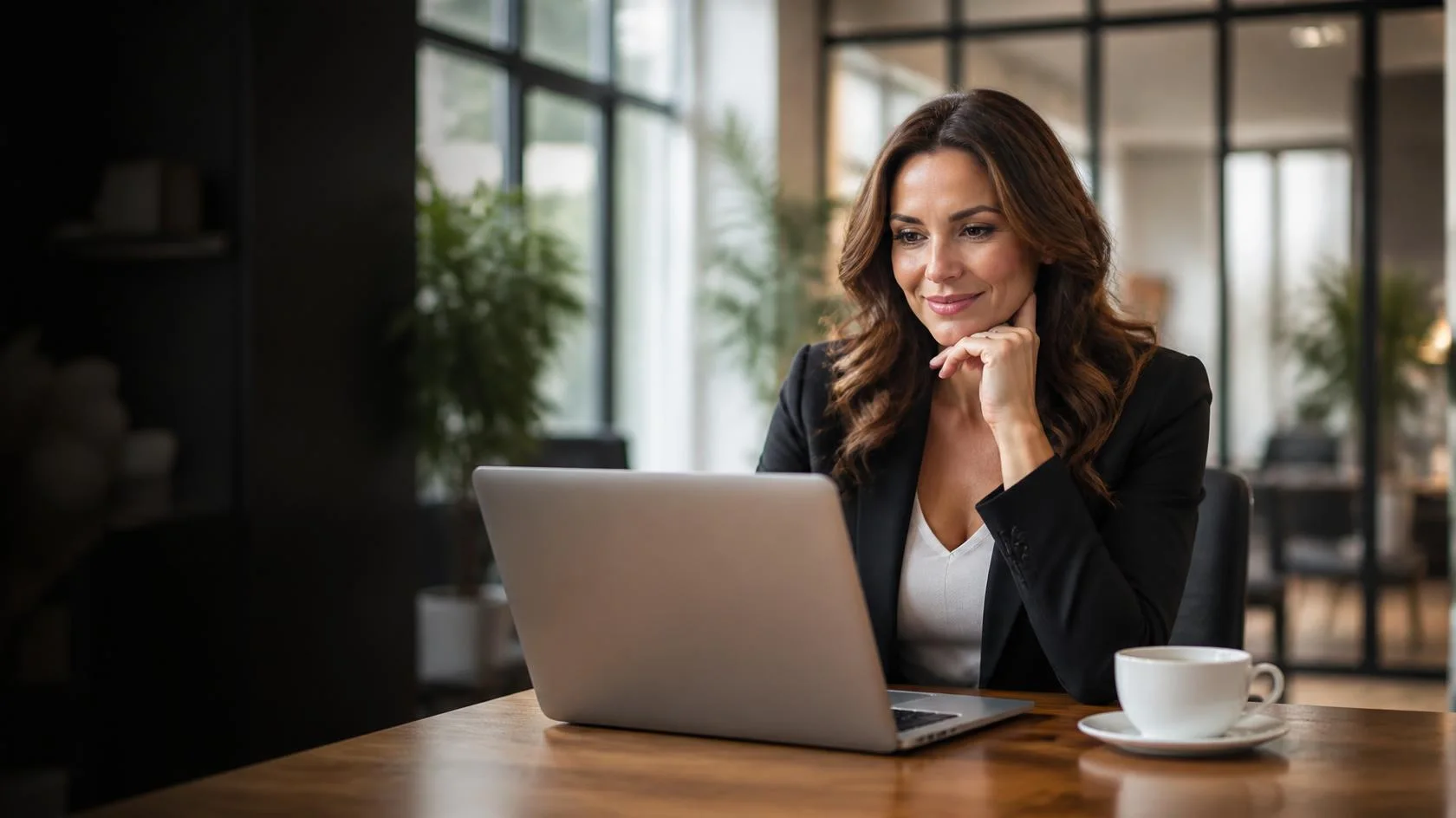 A real estate broker smiling as she works on her laptop in a bright office