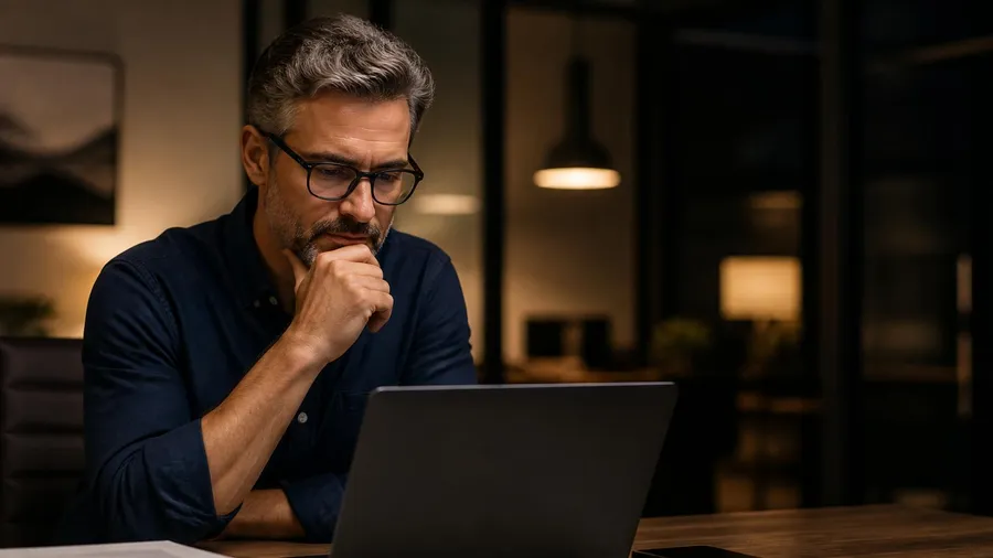 A broker reviewing a transaction file on his laptop