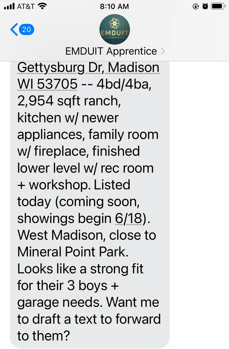 EMDUIT Apprentice text: a new Gettysburg Dr listing in Madison looks like a strong fit for a client family, with an offer to draft a text to forward to them